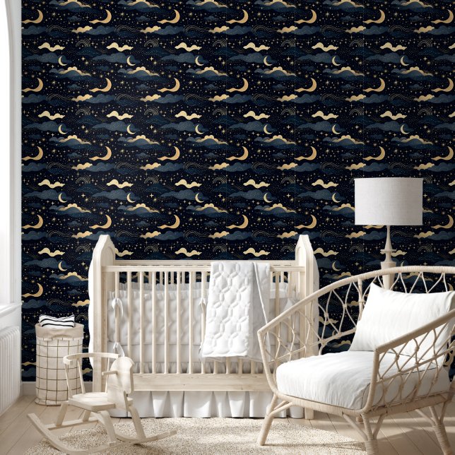 Papier Peint Stars Lune Céleste Luxueux (Enfants)