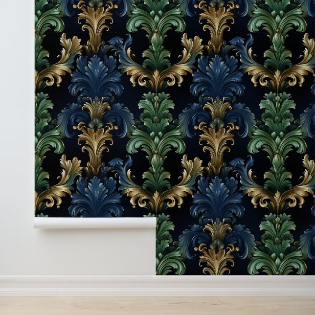 Papier Peint Style victorien formes ornementales bleu profond v (Application)
