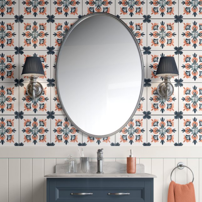 Papier Peint Sunset Blossom - Corail, Marine, Blanc - Tradition (Coral Flourish Peel and Stick Wallpaper )