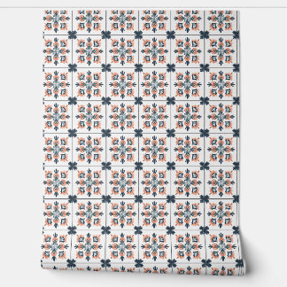 Papier Peint Sunset Blossom Petite - Corail, Marine, Blanc