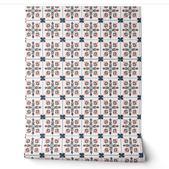 Papier Peint Sunset Blossom Petite - Corail, Marine, Blanc (Déroulement)