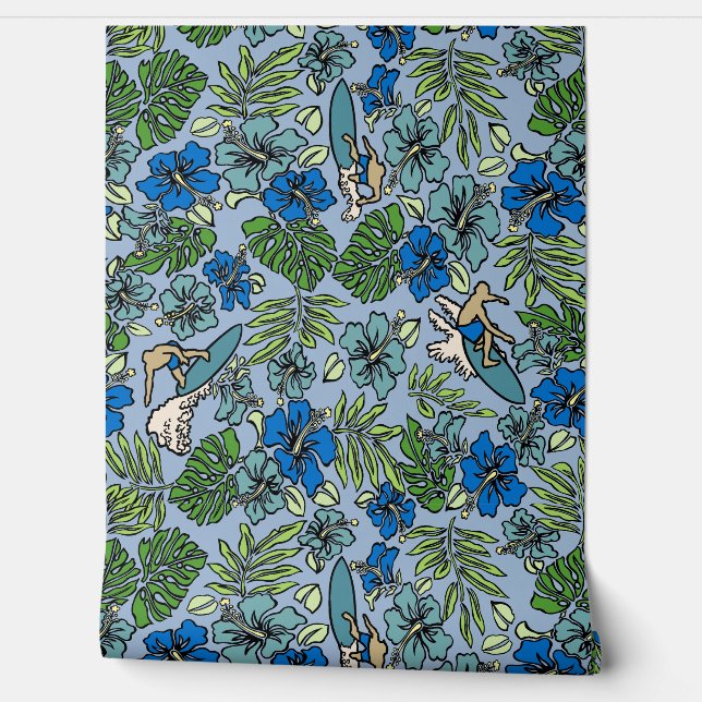 Papier Peint Surf Pareau Hawaiian Hibiscus Surf Blue Multi (Déroulement)
