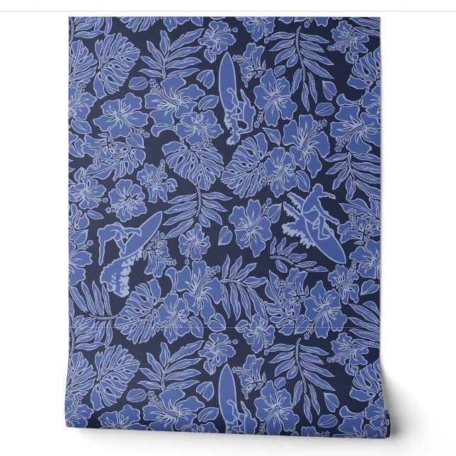 Papier Peint Surf Pareau Hawaiian Hibiscus Surf Blues (Déroulement)