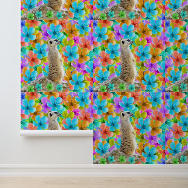 Papier Peint Suricate et fleurs multicolores, (Application)