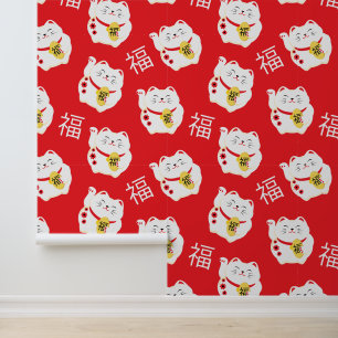 Papier Peint Symbole de chat de Maneki Neko Cute Lucky sur roug