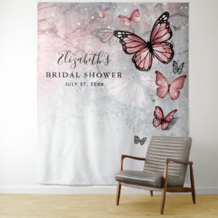 Papier peint tapisserie papillon rose argenté