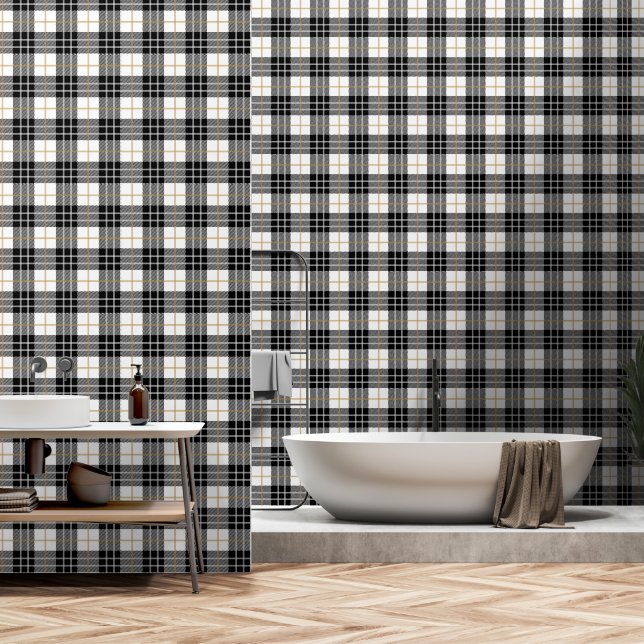 Papier Peint Tartan écossais Noir et Blanc Plaid (Salle de bain)