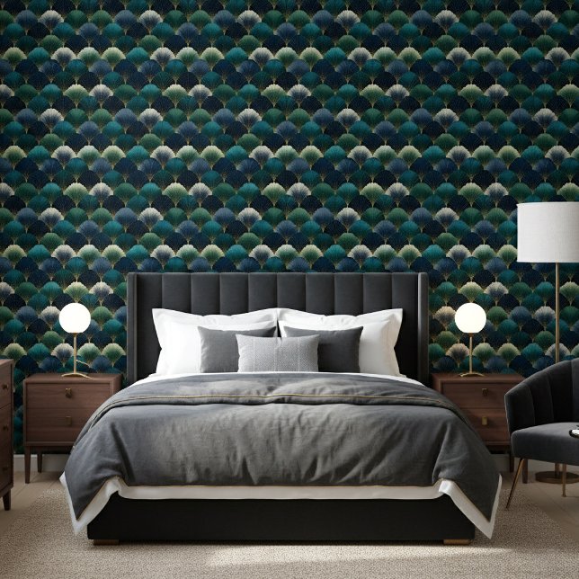 Papier Peint Teal Navy Gold Art Deco Fan Pattern (Créateur téléchargé)