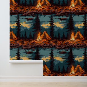 Papier Peint Tente rétro et feu de camp