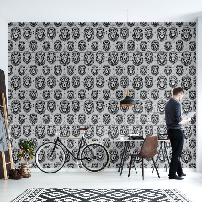 Papier Peint Têtes de lion noir et blanc (Salon)