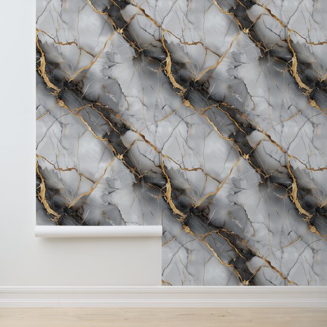 Papier Peint texture Marbre blanc en pierre avec insert chic or (Application)