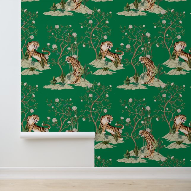 Papier Peint Tigre de Chinoiserie, pivoines et arbres vert prin (Application)