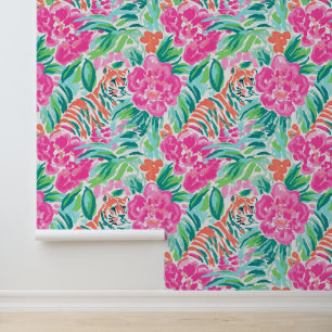 Papier Peint Tigres de la plage de Palm Preppy et fleurs tropic