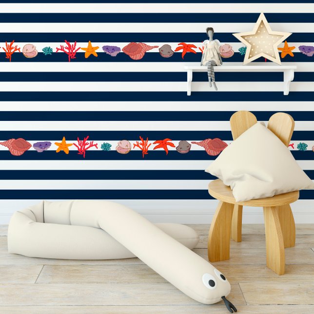 Papier Peint Tissu marin avec des coquillages amusants, coquill (Sailor fabric with fun seashells, shells, starfish wallpaper)