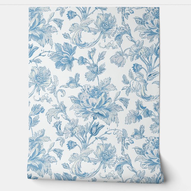Papier Peint Toile-de-jouy Chinoiseries Blue Floral Pattern (Déroulement)