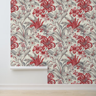 Papier Peint Toile de Jouy Flore rouge profond et gris subtil