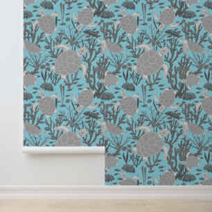 Papier Peint Tortues de mer Cute Blue Grey Océan Animal