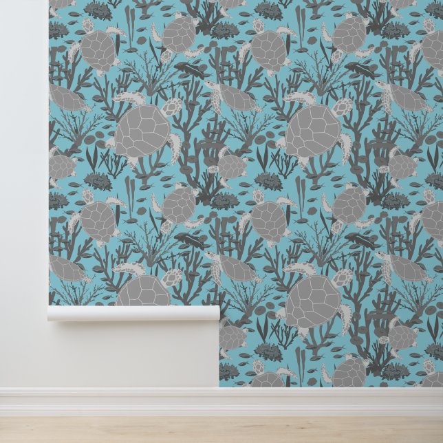 Papier Peint Tortues de mer Cute Blue Grey Océan Animal (Application)