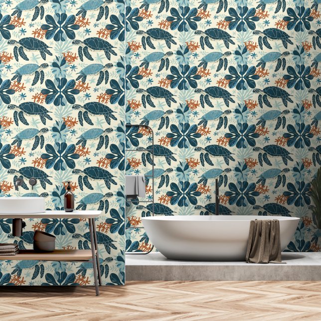 Papier Peint Tortues marines Et Motif Corral (Salle de bain)