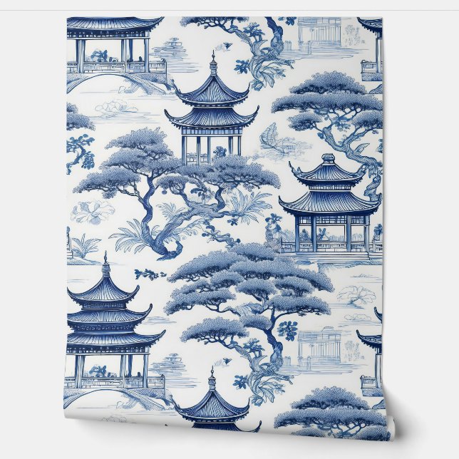 Papier Peint Tranquillité Jardin Chinoiserie Bleu & Blanc (Déroulement)