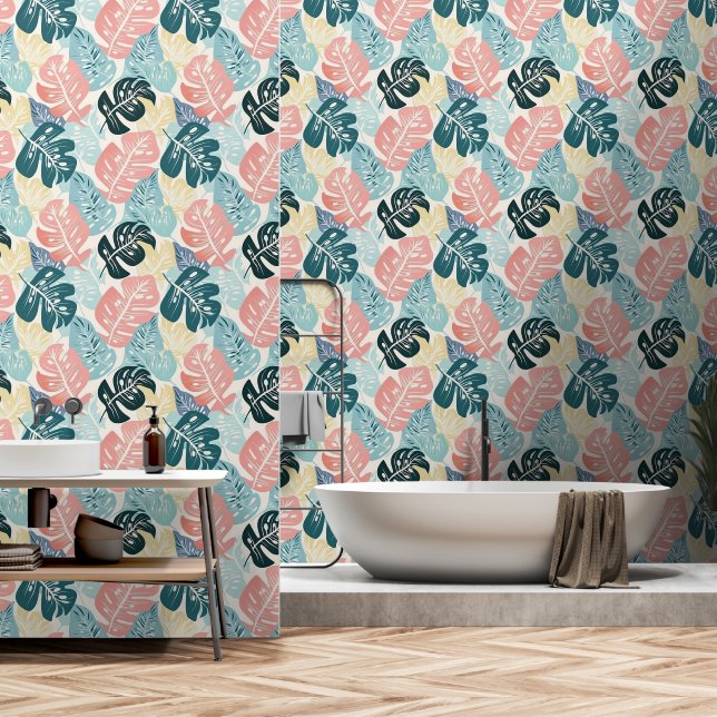 Papier Peint Tropical Feuille Pastel Turquoise Rose Jaune (Salle de bain)