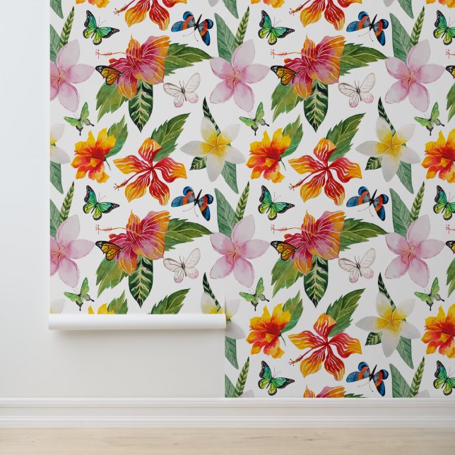 Papier Peint Tropical, Motif hawaïen w. Flore et papillons (Application)