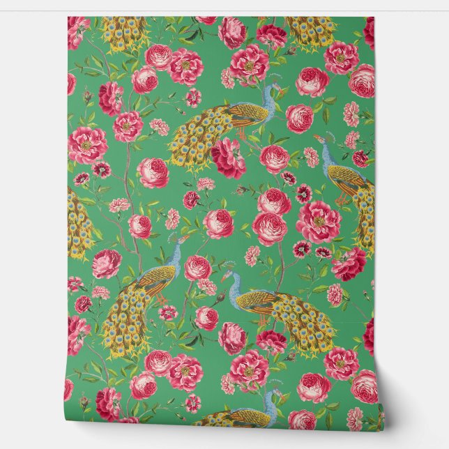 Papier Peint Tropical Vintage Peacock Garden Rococo Chinoiserie (Déroulement)