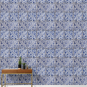 Papier Peint Tuiles portugaises - Azulejo Floral bleu et blanc