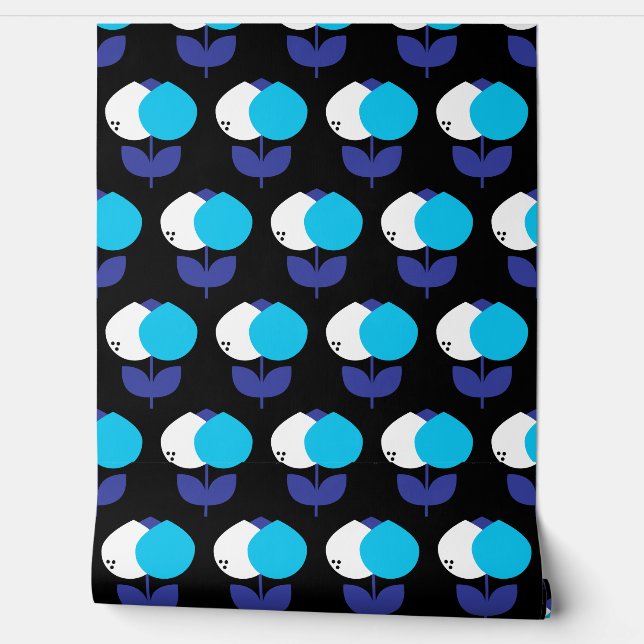 Papier Peint Tulipes géométriques bleu et noir (Déroulement)