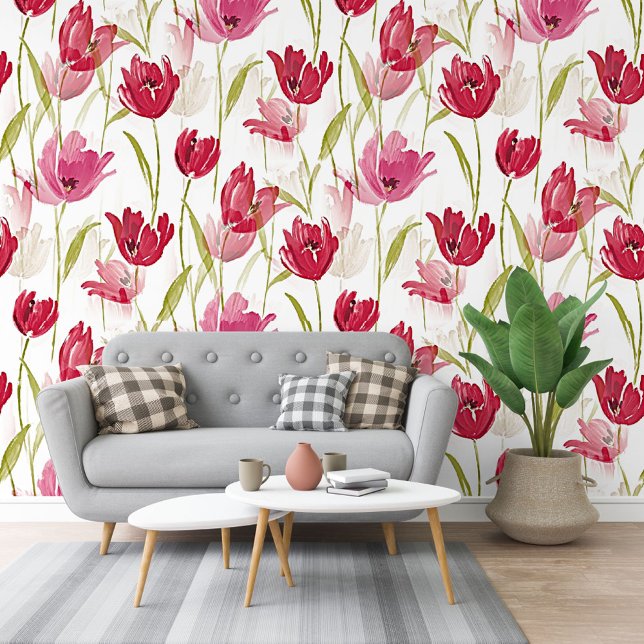 Papier Peint Tulipes Rouges Et Roses Aquarelle Florale Motif (Créateur téléchargé)