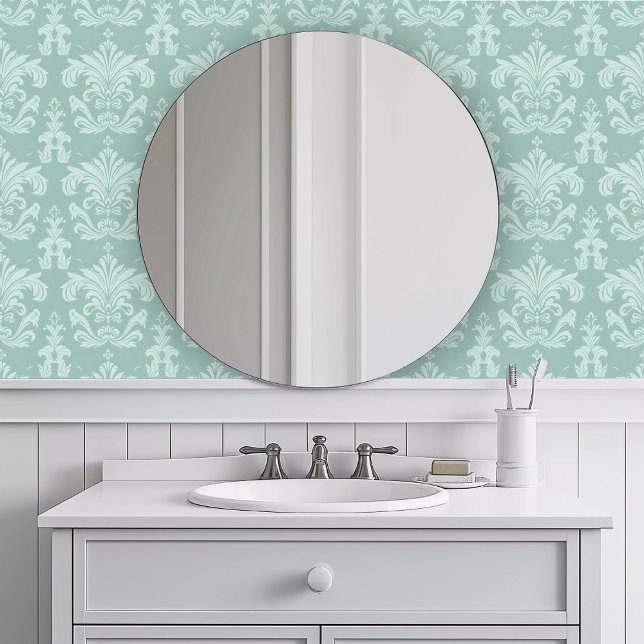 Papier Peint Turquoise complexe monochromatique (Monochromatic Intricate Teal Wallpaper in a white bathroom.)