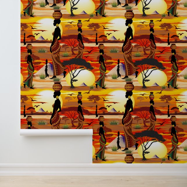 Papier Peint Une belle femme africaine Silhouette sur les solei (Application)