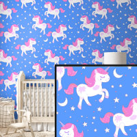 Unicornes blanches roses Étoiles sur bleu