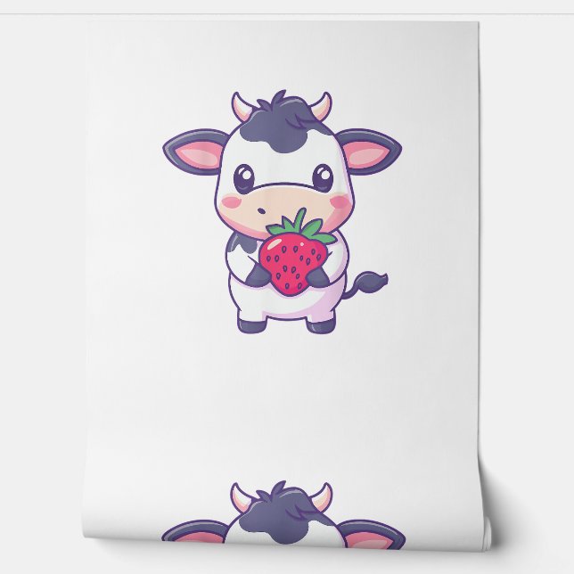 Papier Peint Vache Kawaii Cute Avec Des Fraises Béton Adorable (Déroulement)