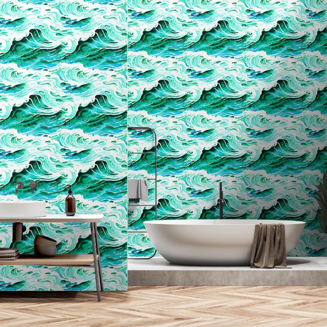 Papier Peint Vagues ondulant eau de mer moderne intemporelle (Salle de bain)