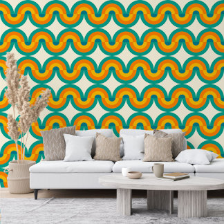 Papier Peint Vert Bleu orange Jaune demi-cercle Vagues Motif