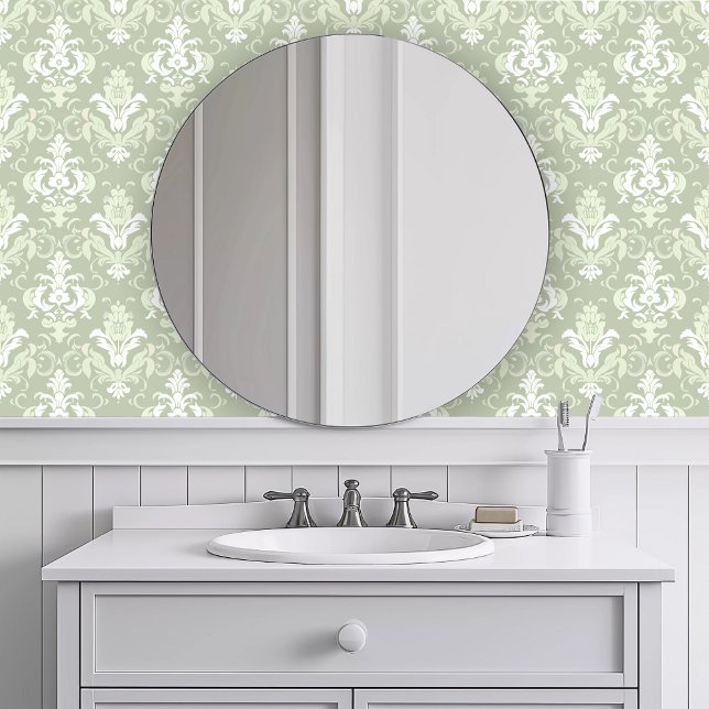 Papier Peint Vert complexe monochromatique (Monochromatic Intricate Green Wallpaper in a white bathroom.)
