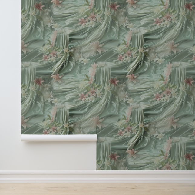 Papier Peint Vert, Crème, Draps De Soie Et Fleurs De Pinkish (Application)