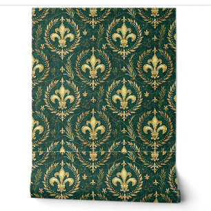 Papier Peint Vert émeraude et or Crête Motif Royal Damassé