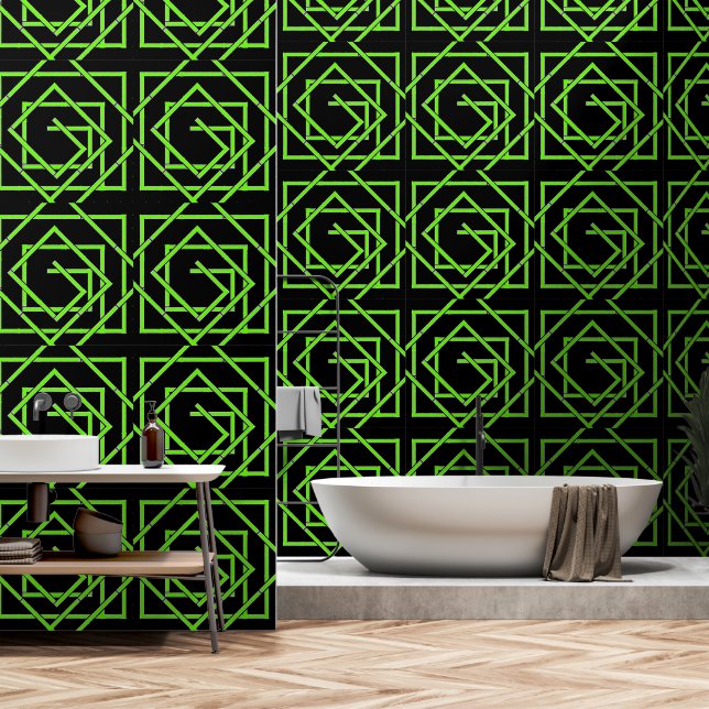 Papier Peint Vert Geo Noir (Salle de bain)