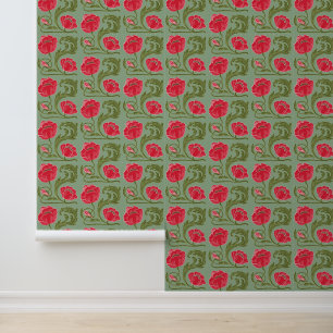 Papier Peint Vert Rouge Floral Art Nouveau