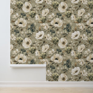 Papier Peint Vert Sage Et Floral Crème