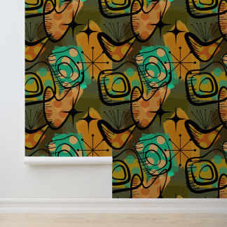 Papier Peint Vibes Aqua et Or Mid Century Modern