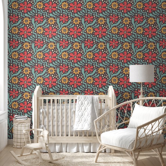 Papier Peint Vibrant Grand Fleur sauvage Rouge Floral Botanique (Enfants)