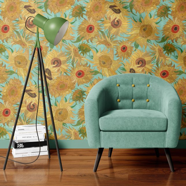 Papier Peint Vincent Van Gogh Sunflowers Aqua Blue Yellow (Créateur téléchargé)
