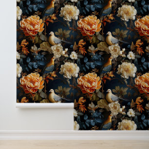 Papier Peint Vintage Bleu et or Boho Floral Bird Victorian