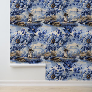 Papier Peint Vintage Blue Delft Wmill Toile Cottagecore