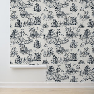 Papier Peint Vintage Chinoiserie Léopard Pagode Crème et Noir