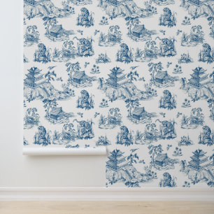 Papier Peint Vintage Chinoiserie Leopard Pagode Marine & Blanc