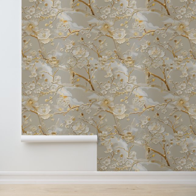 Papier Peint Vintage crème cloisonne florale (Application)